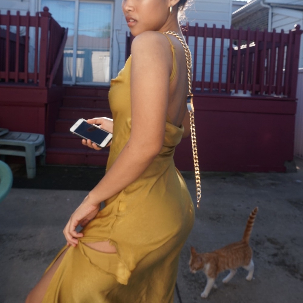 Khaki Satin Cowl Maxi Dress